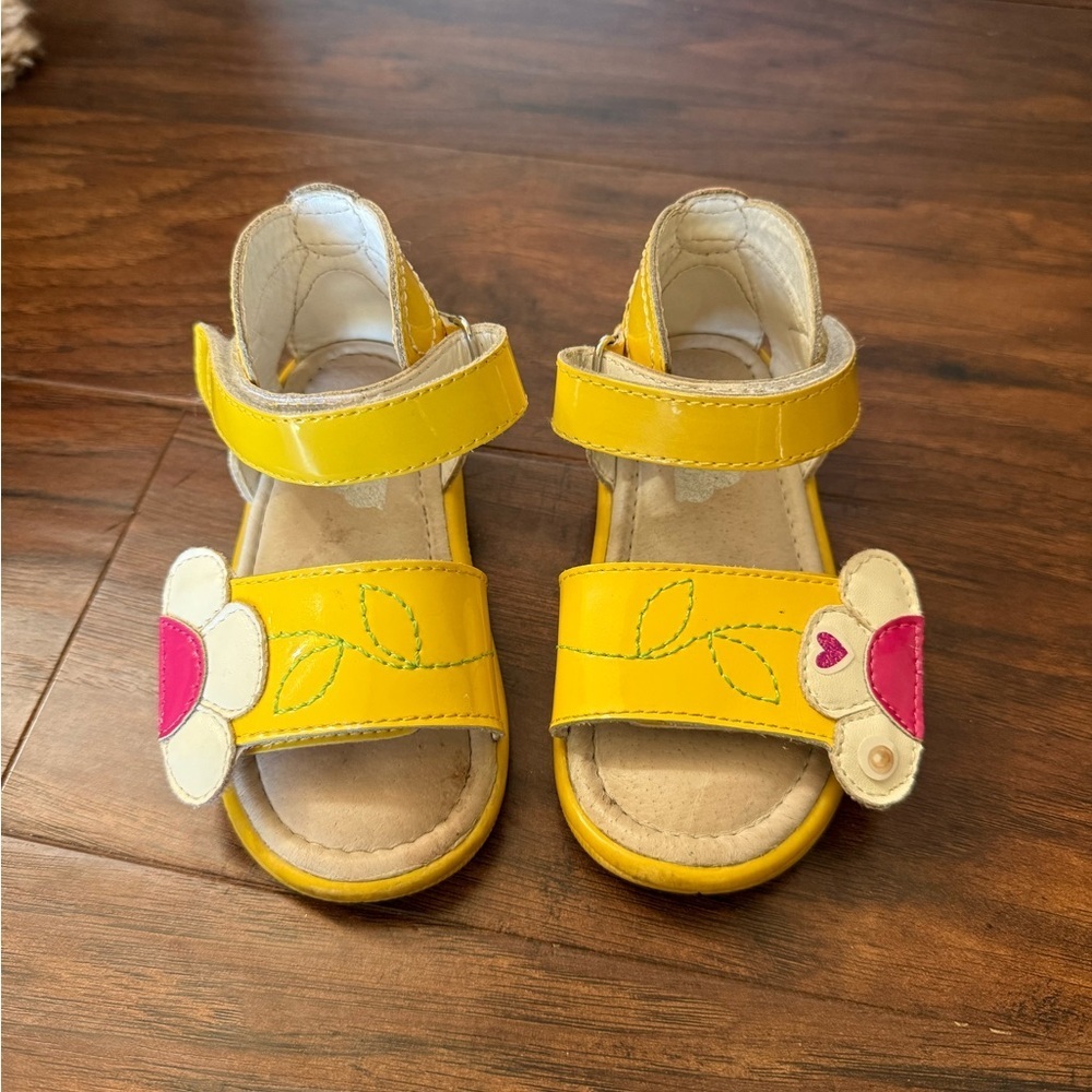 Umi Yellow Leather Flower Strap Sandals with Pink Accent - Picture 9 of 9